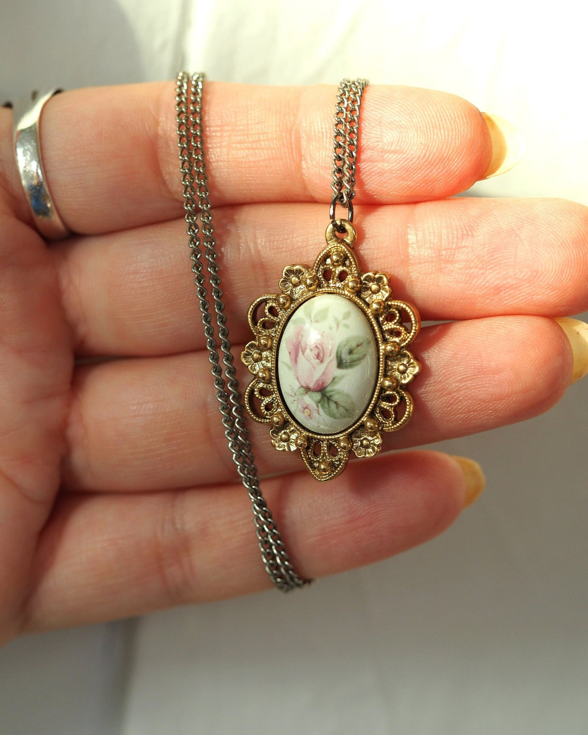 Vintage Gold-Tone Pink Rose Pendant Glass Cabochon Filigree Frame 18" Pendant - GlamGram NYC