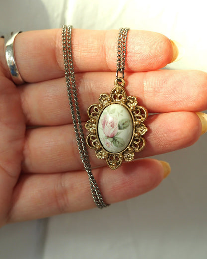 Vintage Gold-Tone Pink Rose Pendant Glass Cabochon Filigree Frame 18" Pendant - GlamGram NYC