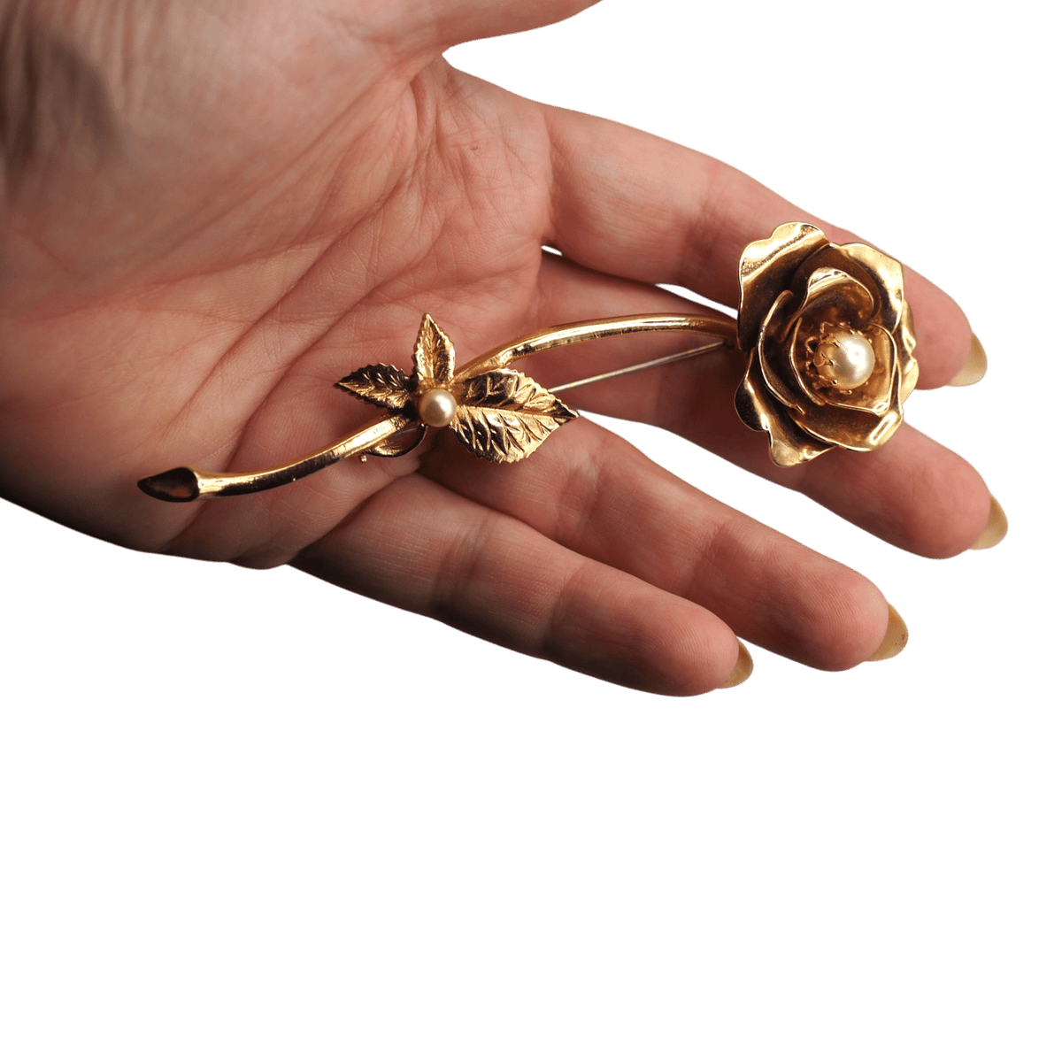 Vintage Gold Tone Rose Brooch, Large Flower Pin with Faux Pearl, Mid Century Statement Brooch, Retro Floral Jewelry Gift Brooch - GlamGram NYC