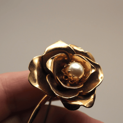 Vintage Gold Tone Rose Brooch, Large Flower Pin with Faux Pearl, Mid Century Statement Brooch, Retro Floral Jewelry Gift Brooch - GlamGram NYC
