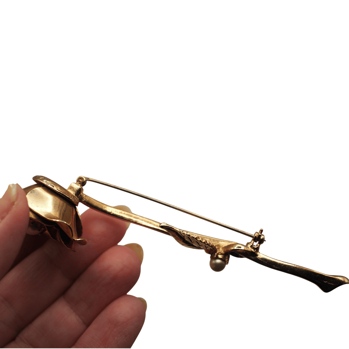Vintage Gold Tone Rose Brooch, Large Flower Pin with Faux Pearl, Mid Century Statement Brooch, Retro Floral Jewelry Gift Brooch - GlamGram NYC