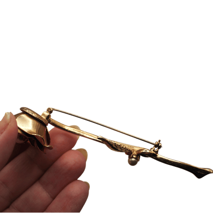 Vintage Gold Tone Rose Brooch, Large Flower Pin with Faux Pearl, Mid Century Statement Brooch, Retro Floral Jewelry Gift Brooch - GlamGram NYC