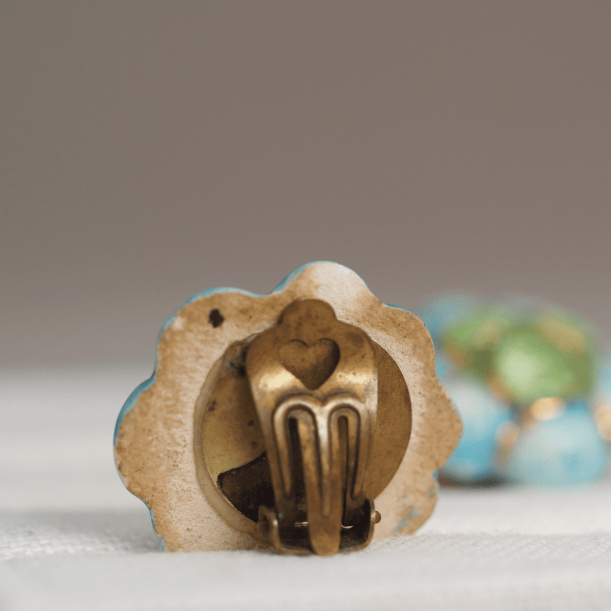 Vintage Handmade Ceramic Flower Clip-On Earrings Turquoise and Green with Gold Luster Earrings - GlamGram NYC
