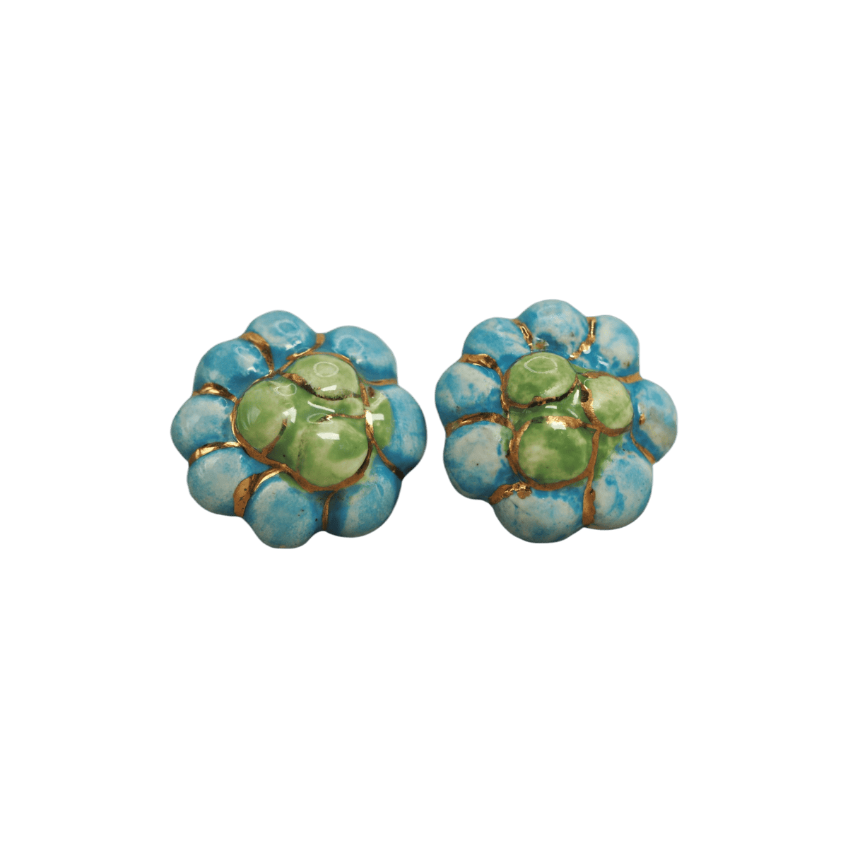 Vintage Handmade Ceramic Flower Clip-On Earrings Turquoise and Green with Gold Luster Earrings - GlamGram NYC