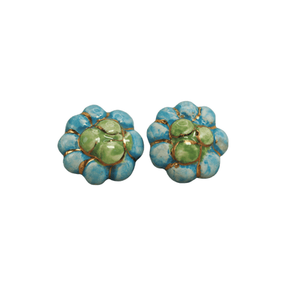 Vintage Handmade Ceramic Flower Clip-On Earrings Turquoise and Green with Gold Luster Earrings - GlamGram NYC