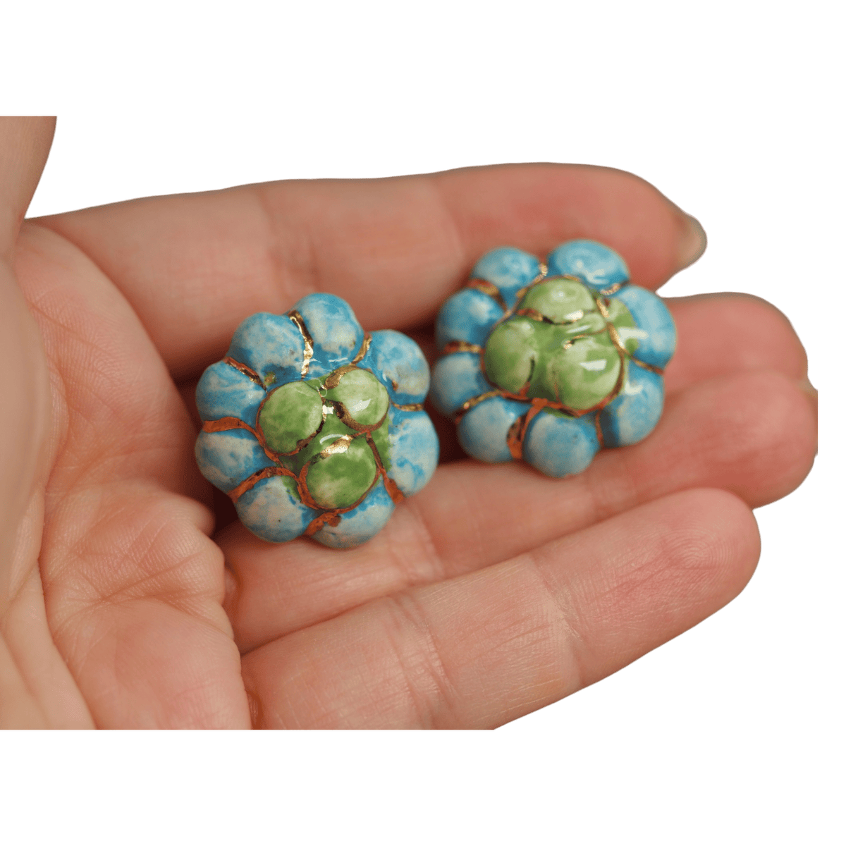 Vintage Handmade Ceramic Flower Clip-On Earrings Turquoise and Green with Gold Luster Earrings - GlamGram NYC