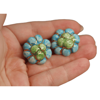 Vintage Handmade Ceramic Flower Clip-On Earrings Turquoise and Green with Gold Luster Earrings - GlamGram NYC