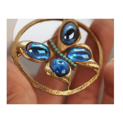 Vintage Iridescent Blue Glass Butterfly Brooch Textured Gold Tone Brooch - GlamGram NYC