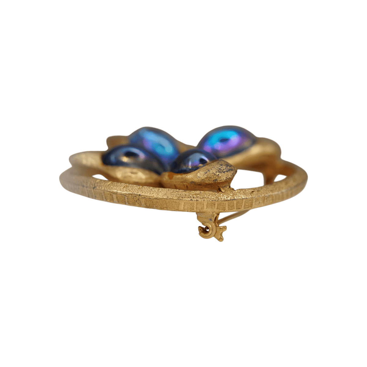 Vintage Iridescent Blue Glass Butterfly Brooch Textured Gold Tone Brooch - GlamGram NYC