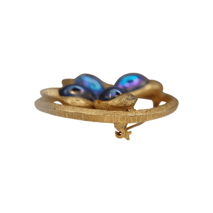 Vintage Iridescent Blue Glass Butterfly Brooch Textured Gold Tone Brooch - GlamGram NYC