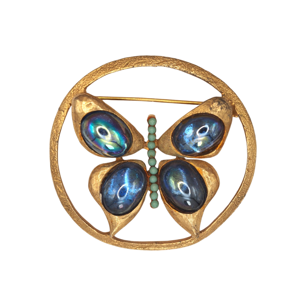 Vintage Iridescent Blue Glass Butterfly Brooch Textured Gold Tone Brooch - GlamGram NYC