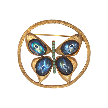 Vintage Iridescent Blue Glass Butterfly Brooch Textured Gold Tone Brooch - GlamGram NYC