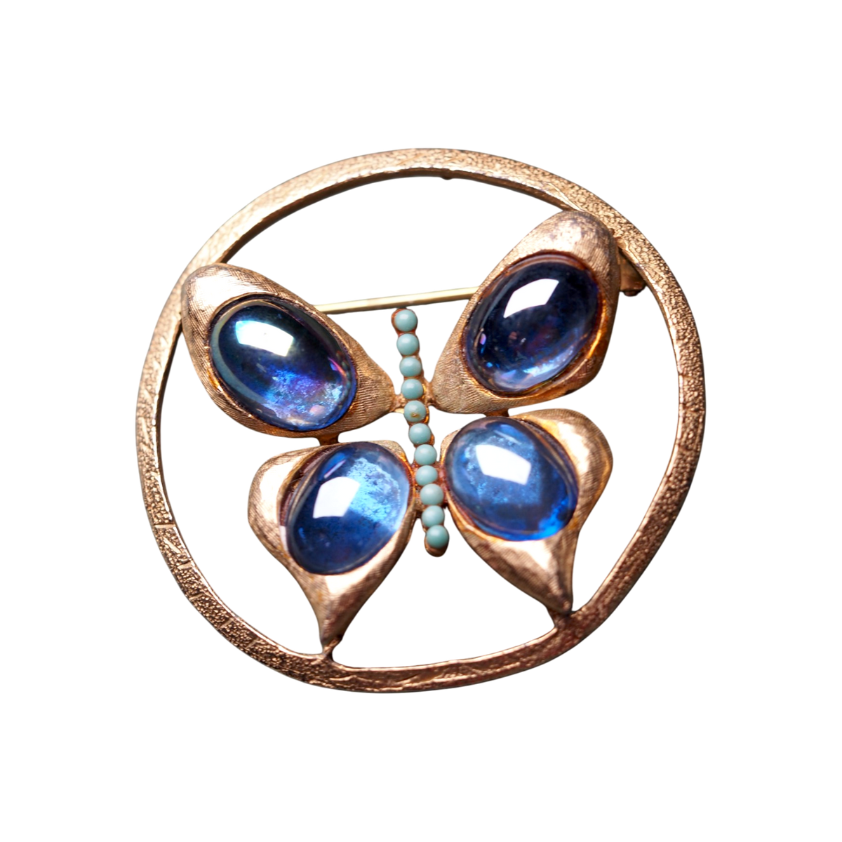 Vintage Iridescent Blue Glass Butterfly Brooch Textured Gold Tone Brooch - GlamGram NYC