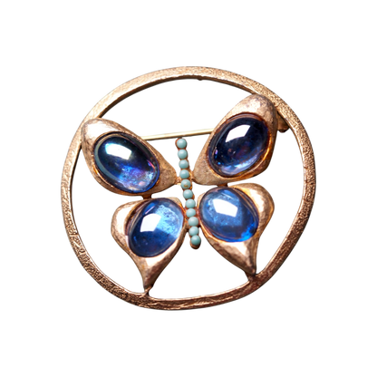 Vintage Iridescent Blue Glass Butterfly Brooch Textured Gold Tone Brooch - GlamGram NYC