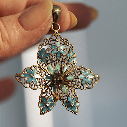 Vintage Italian Sterling Silver Vermeil Enamel Filigree Floral Pendant Pendant - GlamGram NYC