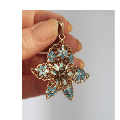 Vintage Italian Sterling Silver Vermeil Enamel Filigree Floral Pendant Pendant - GlamGram NYC