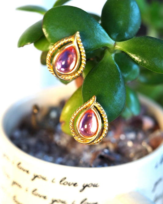 Vintage Late 1980s Signed Trifari Pink Teardrop Cabochon Clip-On Earrings Earrings (Clip) - GlamGram NYC