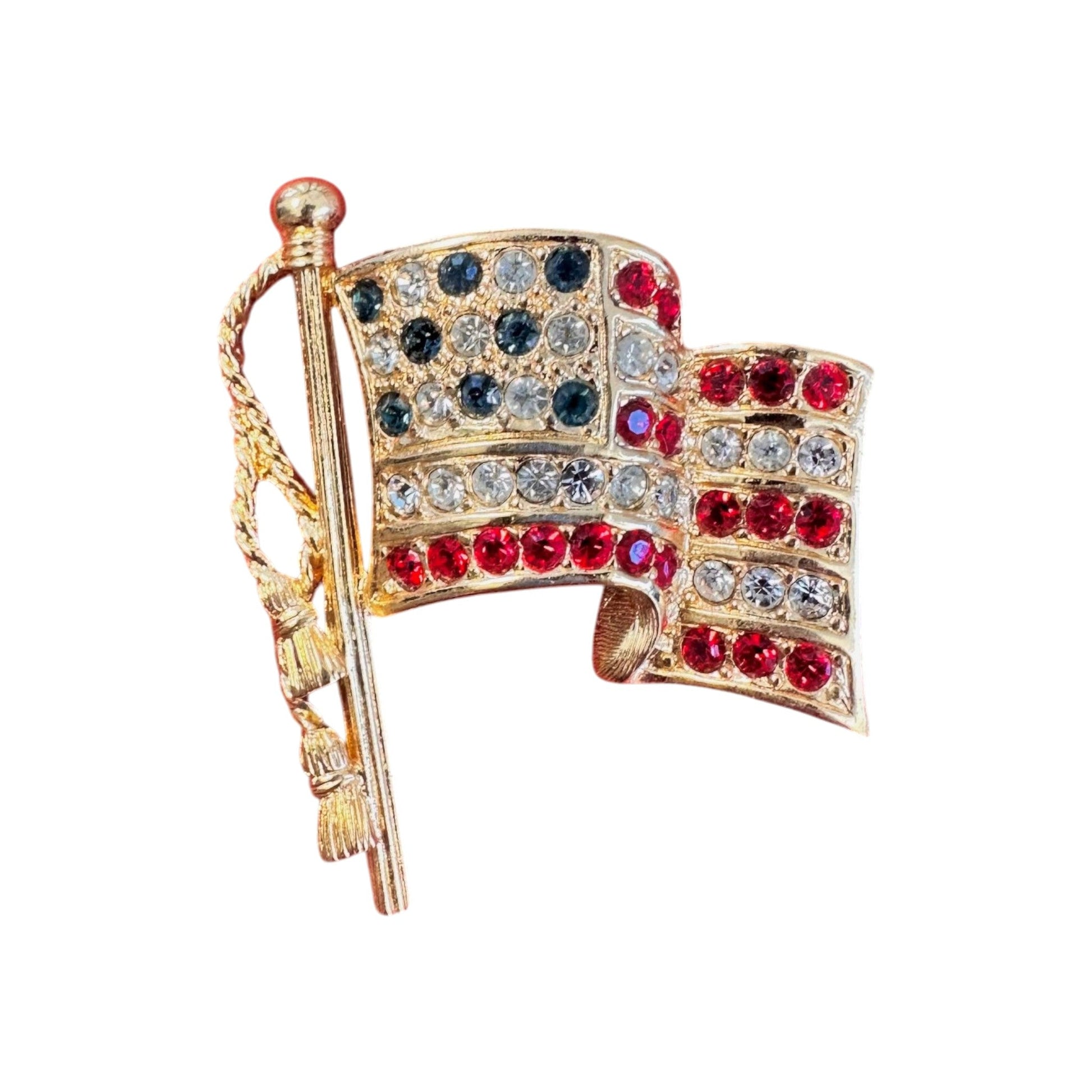 Vintage Napier American Flag Brooch Gold Tone Rhinestone Patriotic Jewelry Brooch - GlamGram NYC
