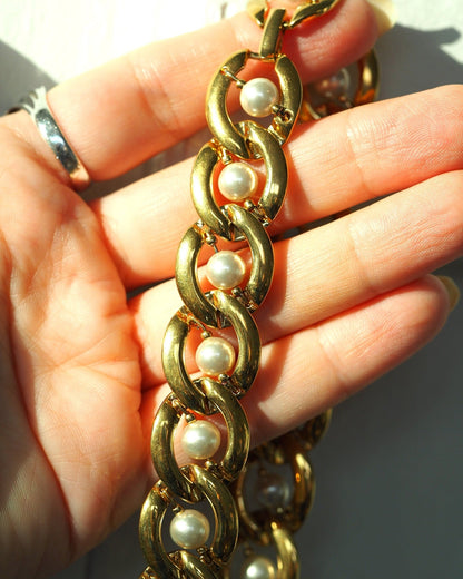Vintage Napier Pearl Necklace, Faux Pearl Collar Gold Tone 16 Inch, Signed Chunky Link Chain, Coquette Statement Gift for Her Necklace - GlamGram NYC