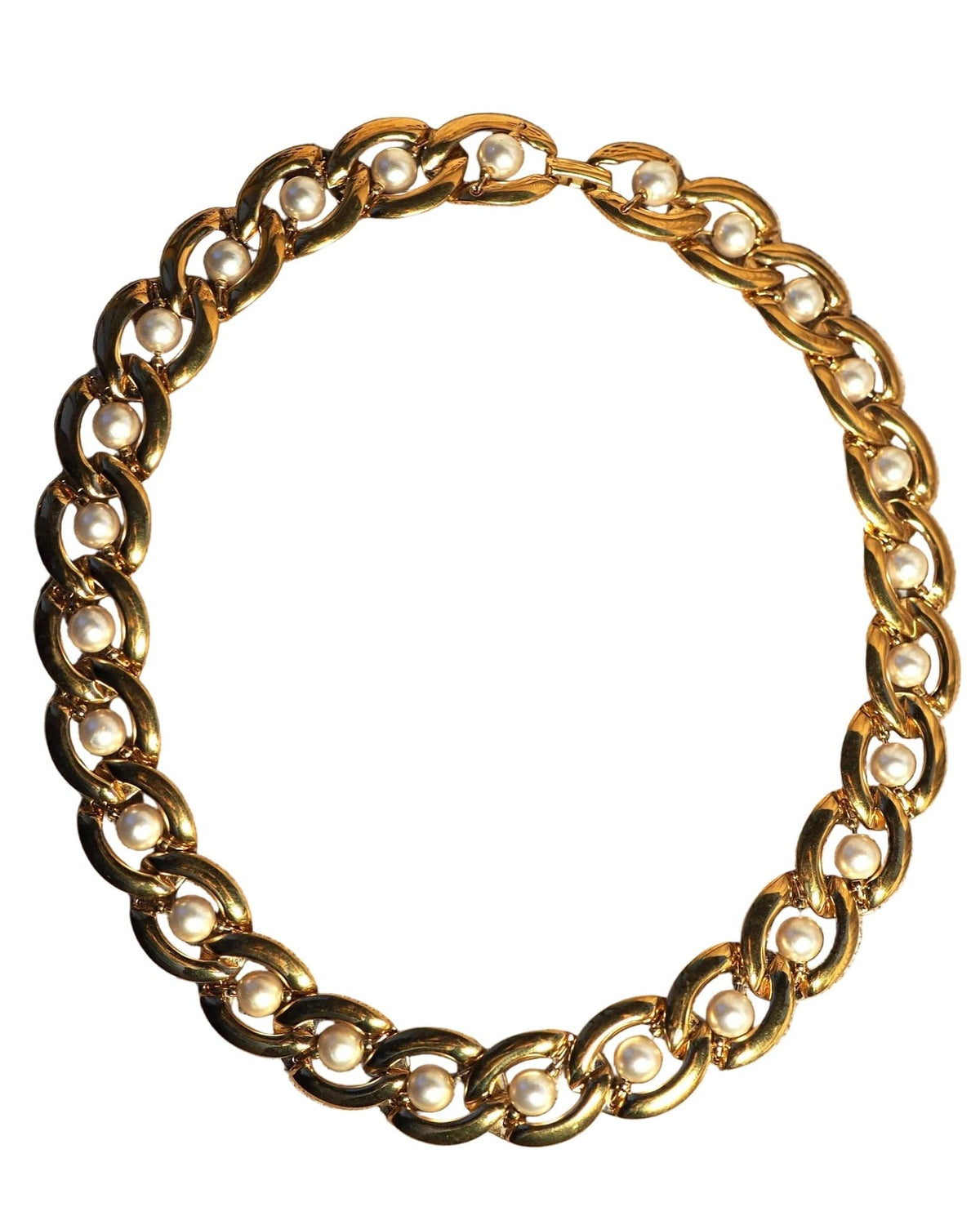 Vintage Napier Pearl Necklace, Faux Pearl Collar Gold Tone 16 Inch, Signed Chunky Link Chain, Coquette Statement Gift for Her Necklace - GlamGram NYC