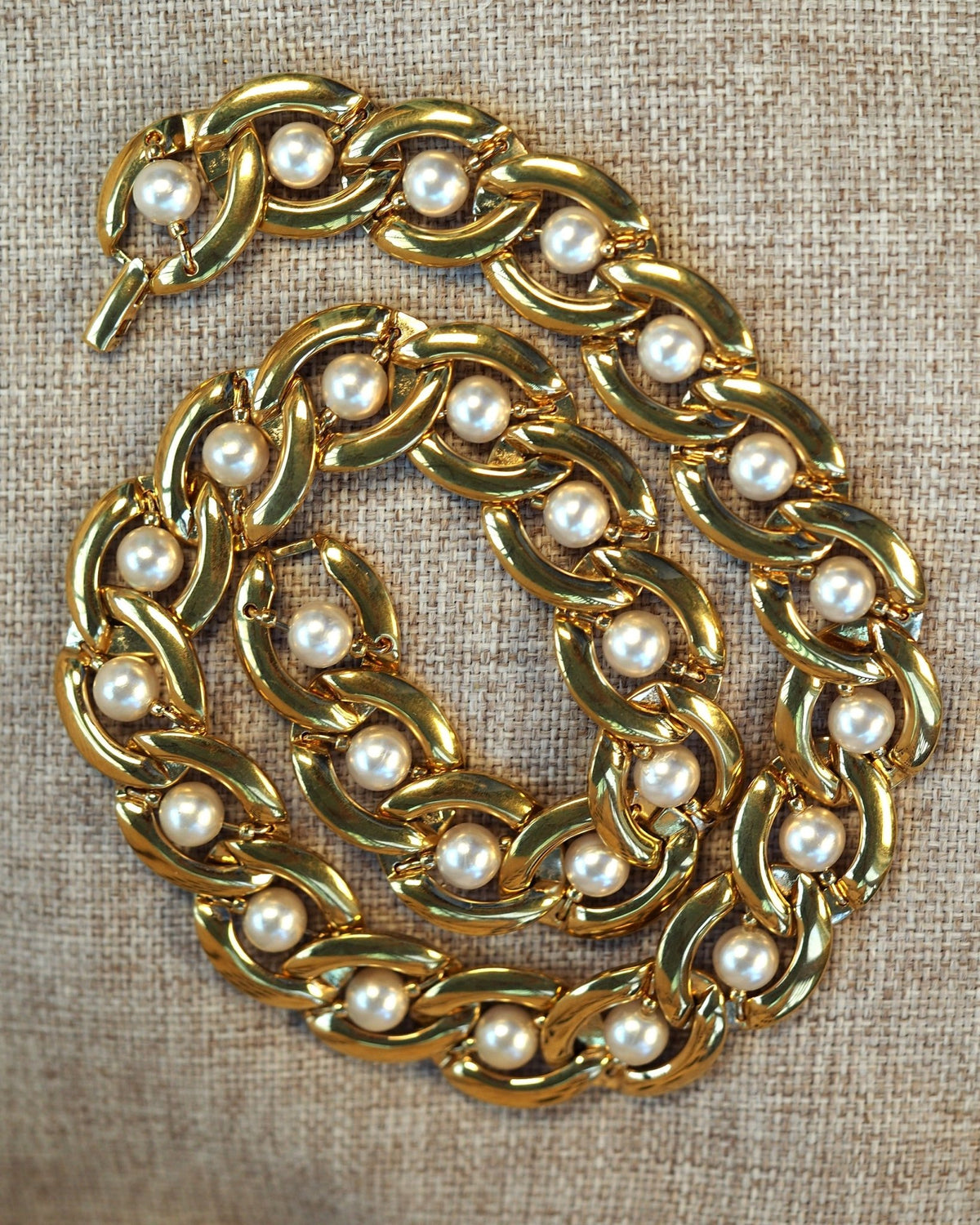 Vintage Napier Pearl Necklace, Faux Pearl Collar Gold Tone 16 Inch, Signed Chunky Link Chain, Coquette Statement Gift for Her Necklace - GlamGram NYC