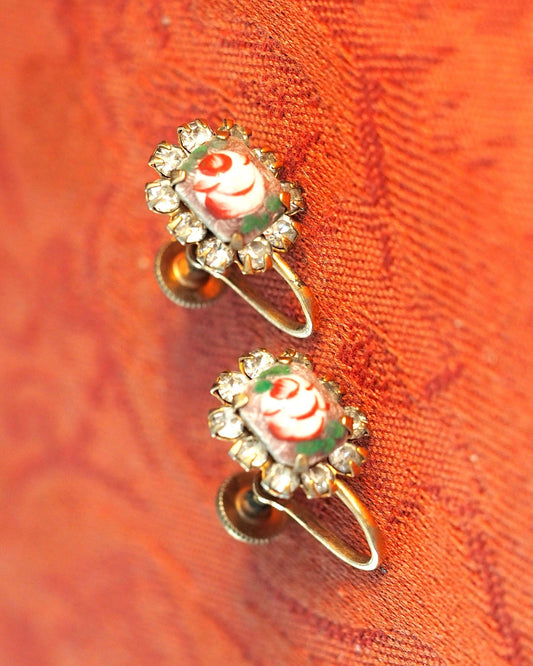 Vintage Painted Rose Glass Cabochon Screwback Earrings Rhinestone Halo Earrings (Screwback) - GlamGram NYC