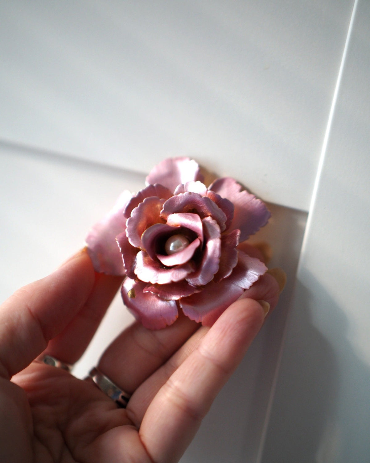 Vintage Pink Rose Brooch, Enamel Flower with Faux Pearl Center, Gold Tone Cottagecore Pin, Romantic Coquette Gift for Her Brooch - GlamGram NYC