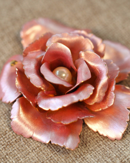 Vintage Pink Rose Brooch, Enamel Flower with Faux Pearl Center, Gold Tone Cottagecore Pin, Romantic Coquette Gift for Her Brooch - GlamGram NYC