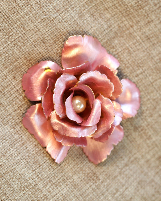 Vintage Pink Rose Brooch, Enamel Flower with Faux Pearl Center, Gold Tone Cottagecore Pin, Romantic Coquette Gift for Her Brooch - GlamGram NYC