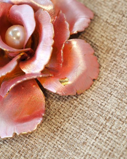 Vintage Pink Rose Brooch, Enamel Flower with Faux Pearl Center, Gold Tone Cottagecore Pin, Romantic Coquette Gift for Her Brooch - GlamGram NYC