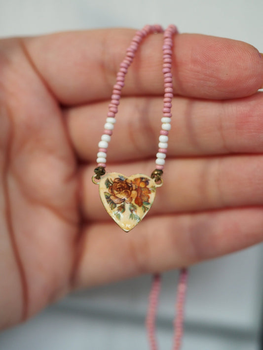 Vintage Pink Seed Bead Choker, Brass Heart Charm Necklace with Rose, 1980s Beaded Jewelry, Coquette Romantic Gift for Her Necklace - GlamGram NYC