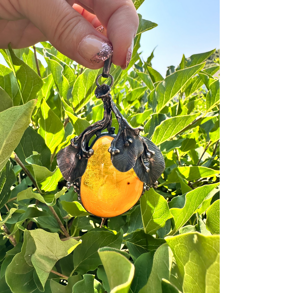 Vintage Polish Baltic Amber Leaf Pendant Warsaw 800 Silver Pendant - GlamGram NYC