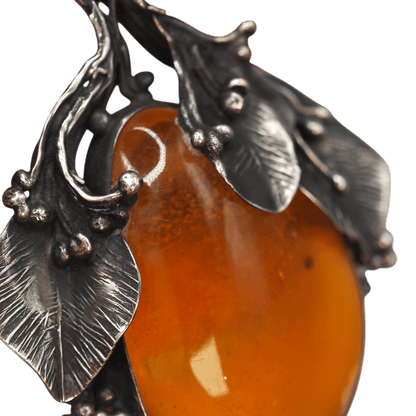 Vintage Polish Baltic Amber Leaf Pendant Warsaw 800 Silver Pendant - GlamGram NYC