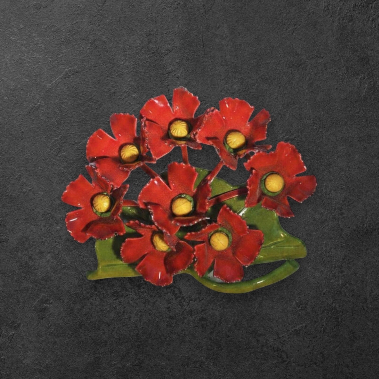Vintage Red Painted Metal Flower Brooch on Green Leaf Base Brooch - GlamGram NYC