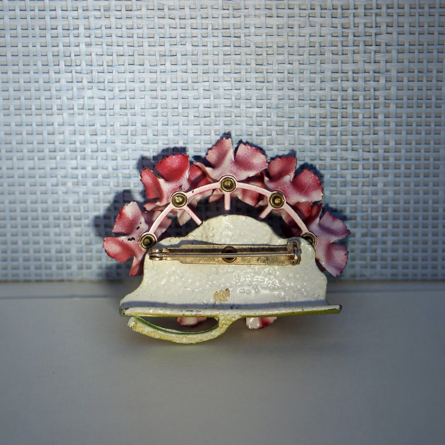 Vintage Red Painted Metal Flower Brooch on Green Leaf Base Brooch - GlamGram NYC
