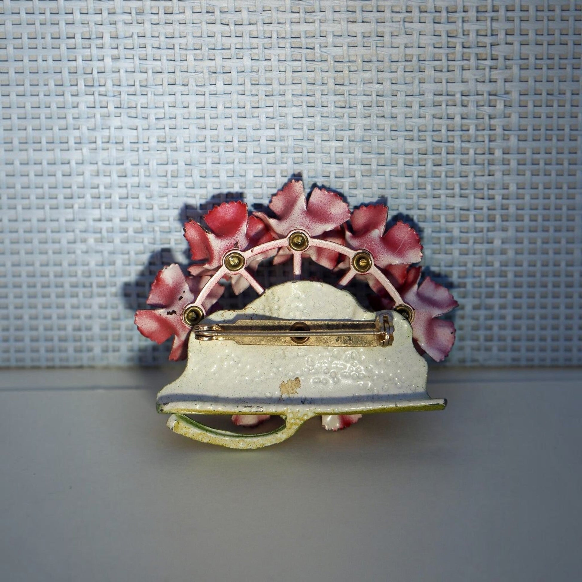 Vintage Red Painted Metal Flower Brooch on Green Leaf Base Brooch - GlamGram NYC