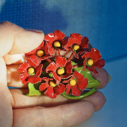 Vintage Red Painted Metal Flower Brooch on Green Leaf Base Brooch - GlamGram NYC