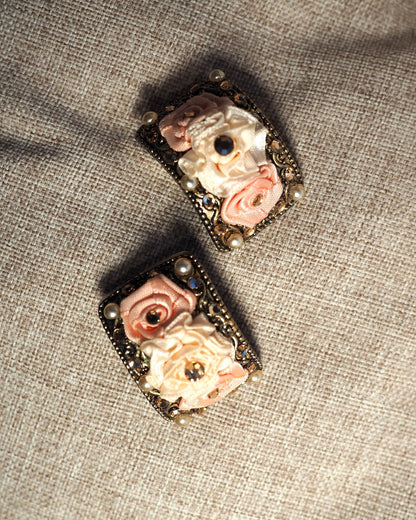 Vintage Ribbon Rose Clip On Earrings, Faux Pearl Aurora Borealis Rhinestone, Pink Floral Gold Tone Jewelry, Romantic Gift Earrings (Clip) - GlamGram NYC