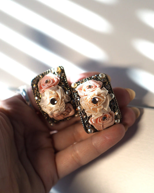 Vintage Ribbon Rose Clip On Earrings, Faux Pearl Aurora Borealis Rhinestone, Pink Floral Gold Tone Jewelry, Romantic Gift Earrings (Clip) - GlamGram NYC