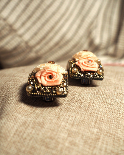 Vintage Ribbon Rose Clip On Earrings, Faux Pearl Aurora Borealis Rhinestone, Pink Floral Gold Tone Jewelry, Romantic Gift Earrings (Clip) - GlamGram NYC