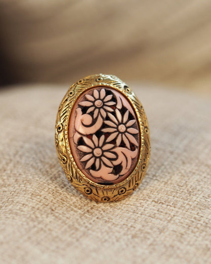 Vintage Selro Attributed Cameo Ring, Pink Floral Daisy Cocktail Ring, Adjustable Gold Tone Mid Century Jewelry, Cottagecore Gift Ring - GlamGram NYC