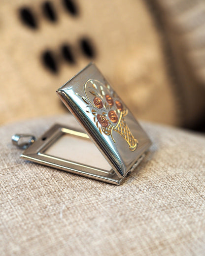 Vintage Silver-Tone Rose Basket Enamel Hinged Picture Locket Pendant Pendant - GlamGram NYC