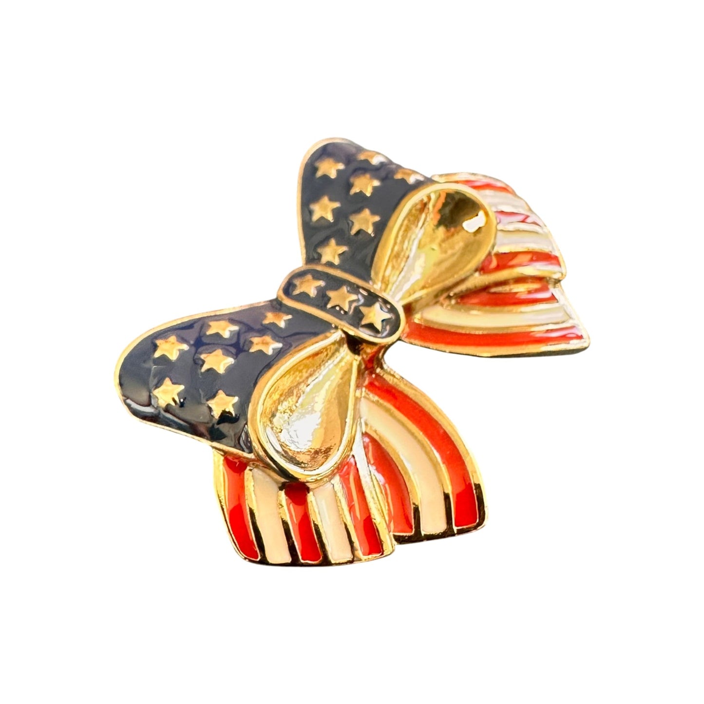 Vintage Stars and Stripes Bow Brooch Gold Tone Enamel Patriotic American Flag Jewelry Brooch - GlamGram NYC