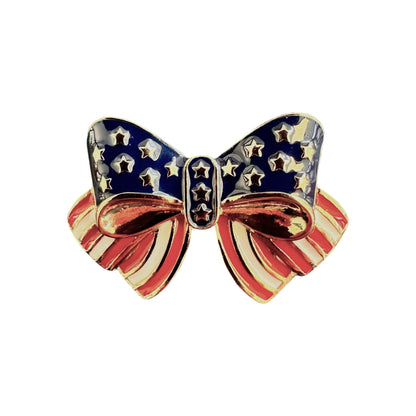 Vintage Stars and Stripes Bow Brooch Gold Tone Enamel Patriotic American Flag Jewelry Brooch - GlamGram NYC