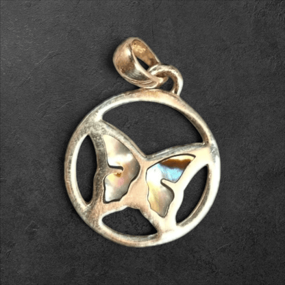 Vintage Sterling Abalone Butterfly Circle Pendant Charm - GlamGram NYC