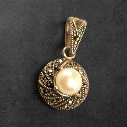 Vintage Sterling Marcasite & Pearl Round Pendant Charm - GlamGram NYC