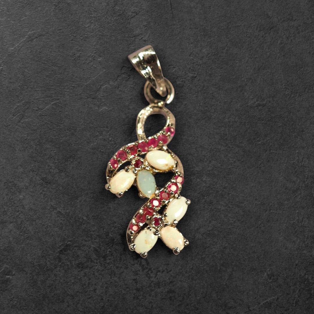 Vintage Sterling Opal & Ruby Cluster Vine Pendant Charm - GlamGram NYC