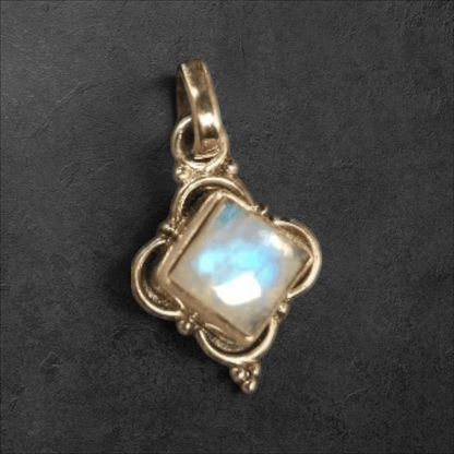 Vintage Sterling Rainbow Moonstone Square Pendant Charm - GlamGram NYC