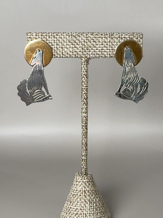 Vintage Sterling Silver & Brass Howling Coyote Moon Earrings Earrings - GlamGram NYC