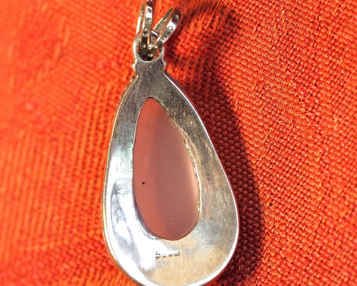 Vintage Sterling Silver Pink Glass Filigree Teardrop Pendant Pendant - GlamGram NYC